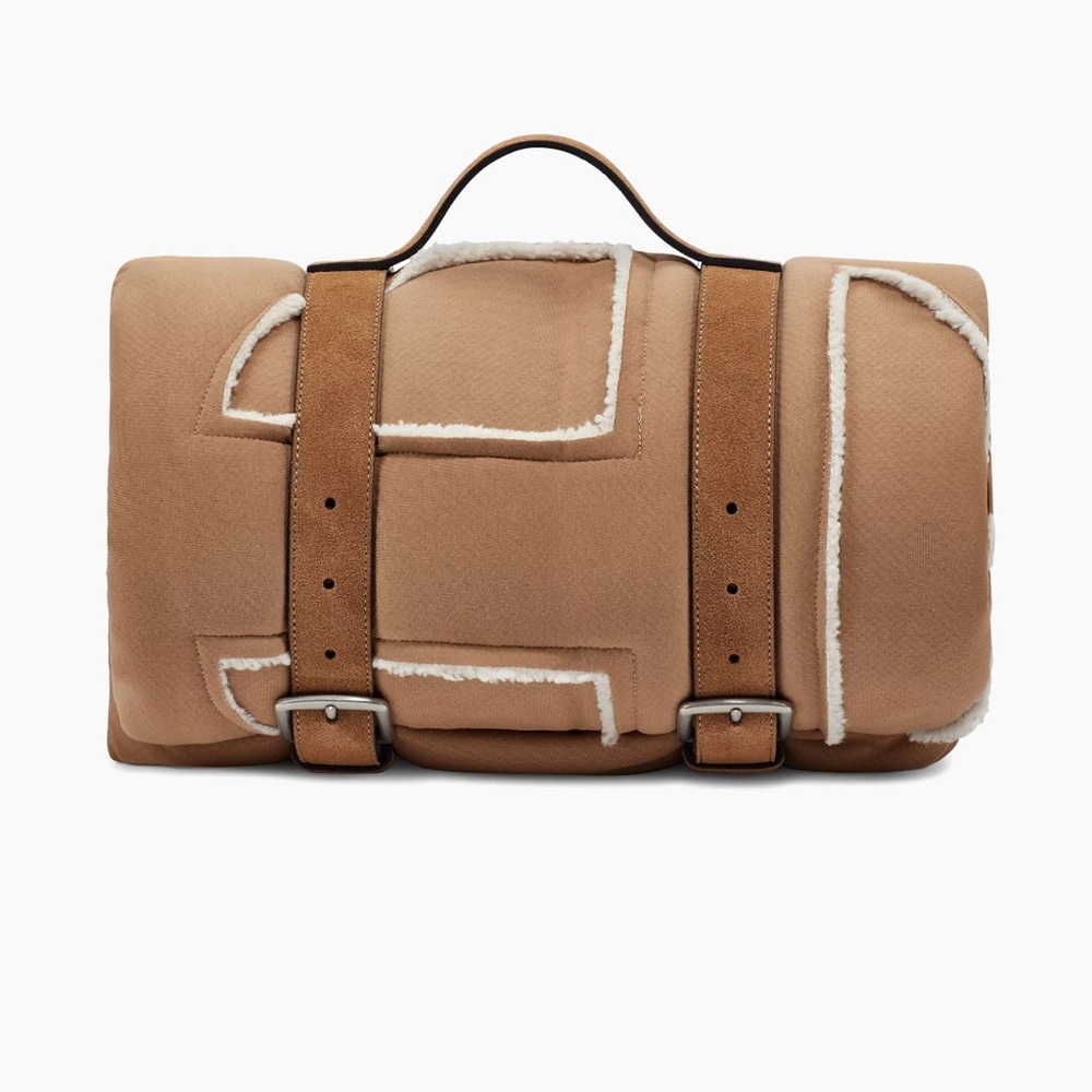 Shearling-Trimmed Tan Duffel Bag